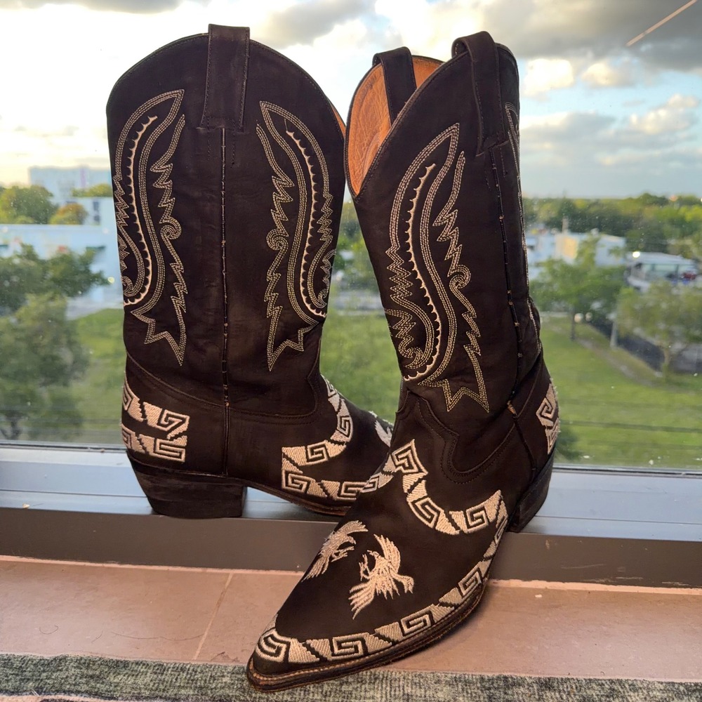 Mexican Cowboy Boots Mens 10‎ Black Suede Western Rooster Embroidered Vaquero